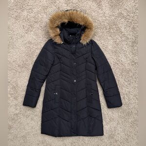 Tommy Hilfiger $320 Chevron Quilted Puffy Coat Parka Faux Fur Hoodie M